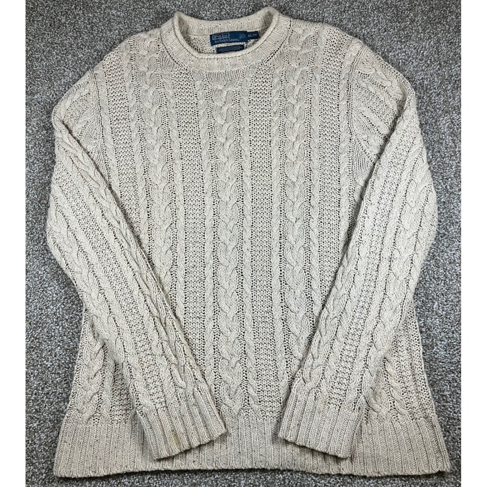 Polo Ralph Lauren Mens XL Beige Cable Knit Cotton Hemp Blend Fisherman Sweater